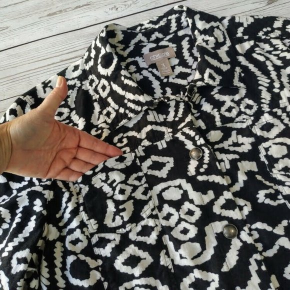 Chico's Jacket size 3 -XL 16-18 Linen w Bold Geometric Print Black White Chicos - Picture 4 of 10